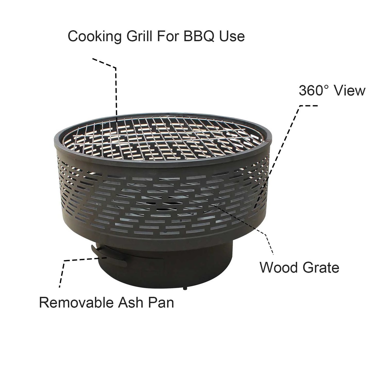 26 inch outdoor portable fire pit table with grill and lid, featuring barbecue, dining table, and campfire functions