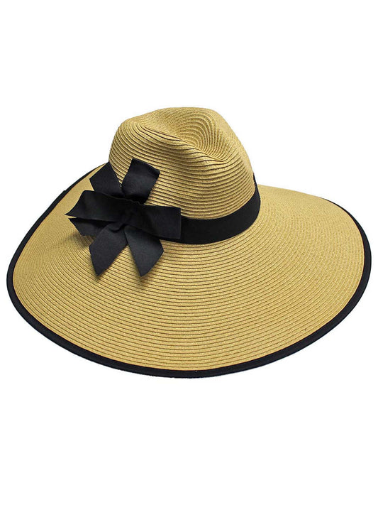 Tan Wide Brim Floppy Hat With Bow