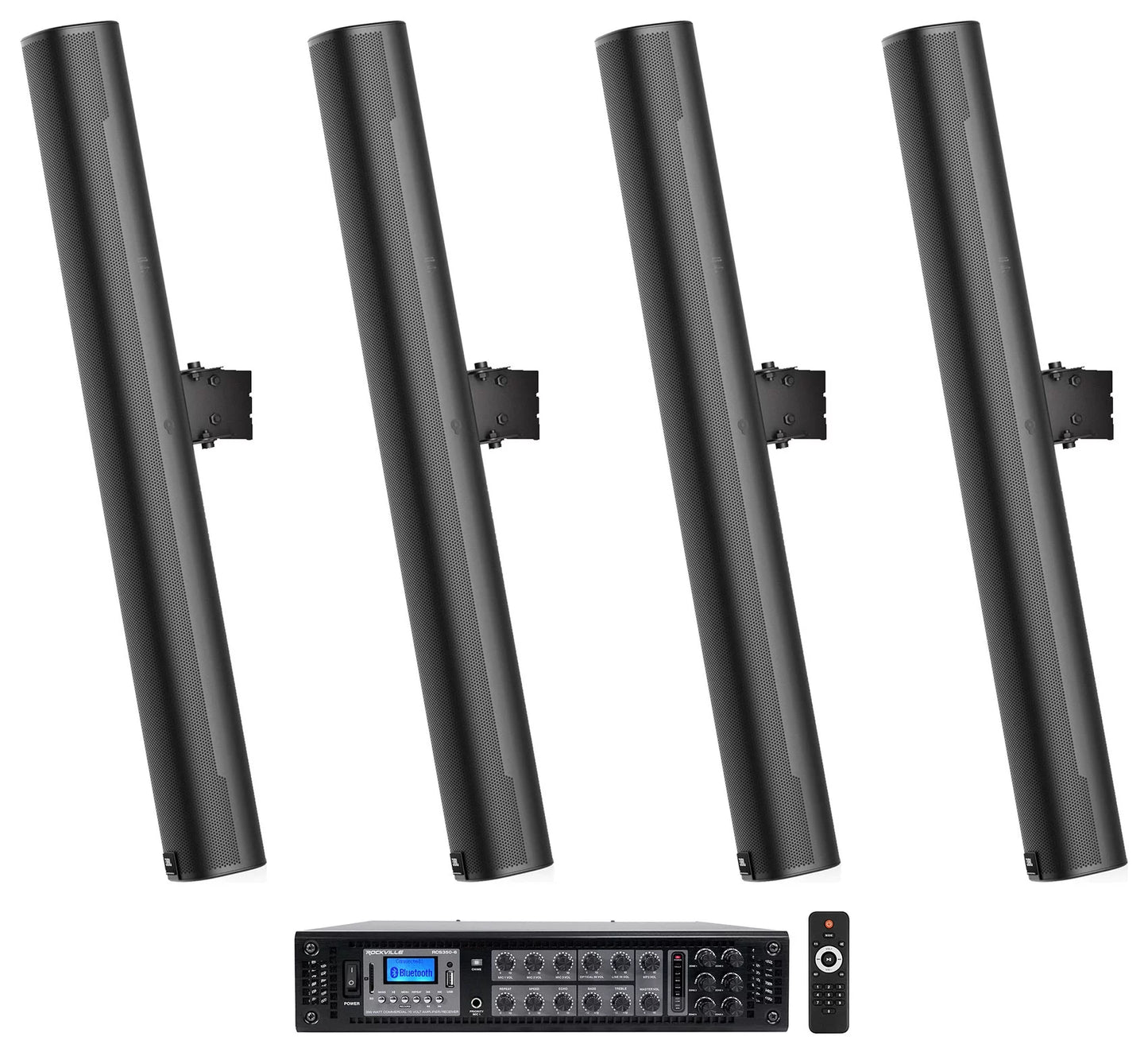 (4) JBL COL800-BK 32" Black 70V Commercial Column Wall Mount Array Speakers+Amp