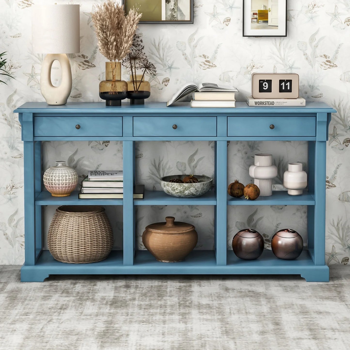 TREXM Retro Console Table/Sideboard with Ample Storage Open Shelves and Drawers for Living Room (Navy OLD SKU WF298765AAM)