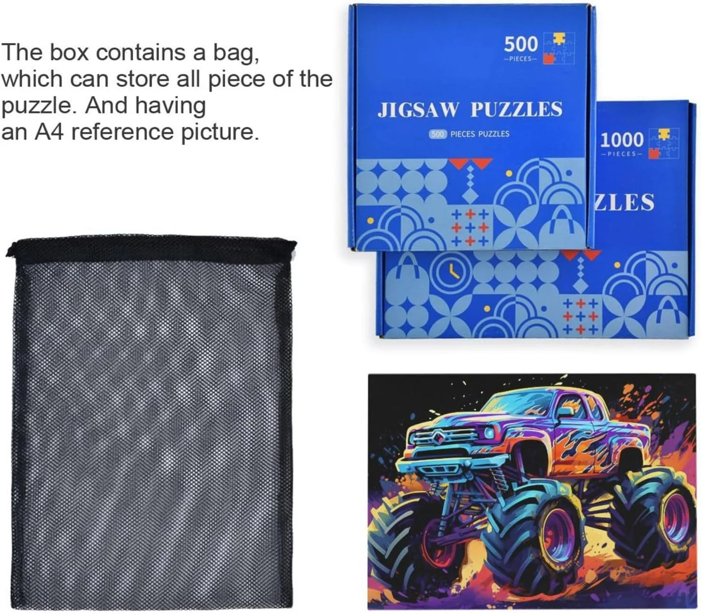 500 PCS Neon Monster Truck Jigsaw Puzzle, Paper Wood Composite Material Zigsaw with Storage Bag, Puzzle for Adults, Fun Challenging Brain Exercise Family Game Gift for Kids Friends Parents