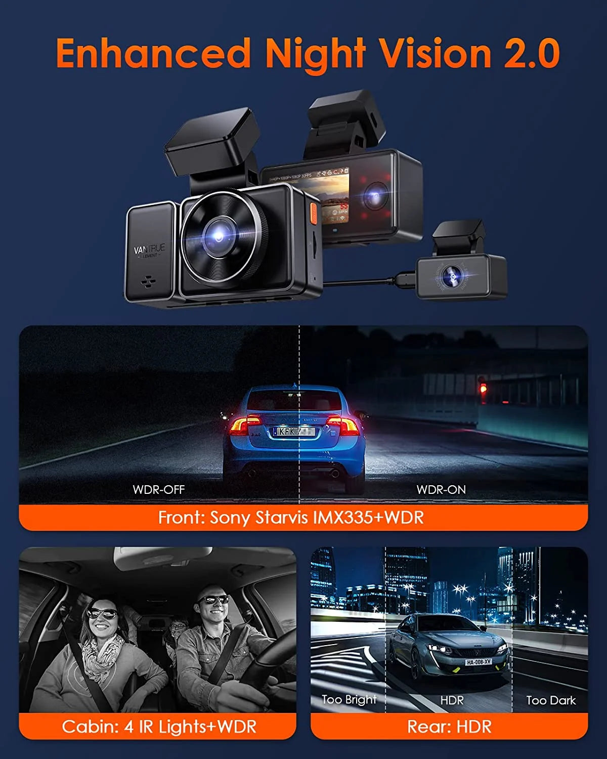 Vantrue E3 3 Channel 2.5K WiFi Dash Cam Front and Rear Inside, 3 Way Triple GPS Dash Camera 1944P+1080P+1080P with STARVIS IR Night Vision, Voice Control, 24 Hours Parking Mode, Support 512GB Max