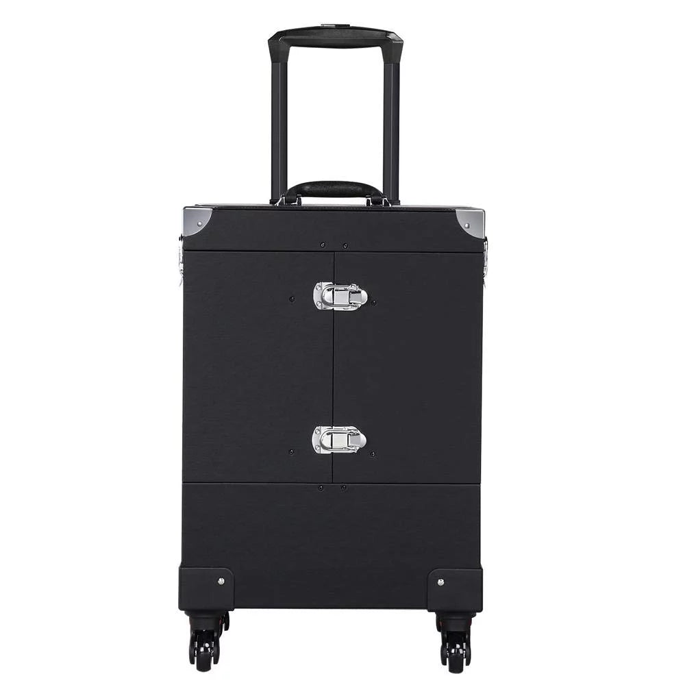 Rolling Makeup Train Case, Cosmetic Trolley Travel Luggage Case with 4 Removable Spinner Wheels, Mirror and Pull Rod Handle, Black