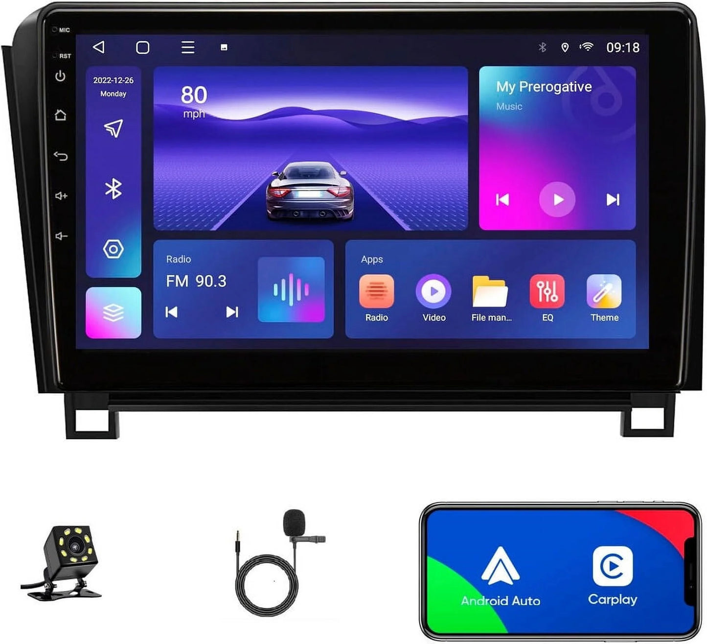 Android 12 Car Stereo Radio for Toyota Tundra (07-13) Sequoia (08-17), 4+32GB GPS Navigation 10.1 Inch QLED Touchscreen Carplay/Android Auto DSP +AHD Camera