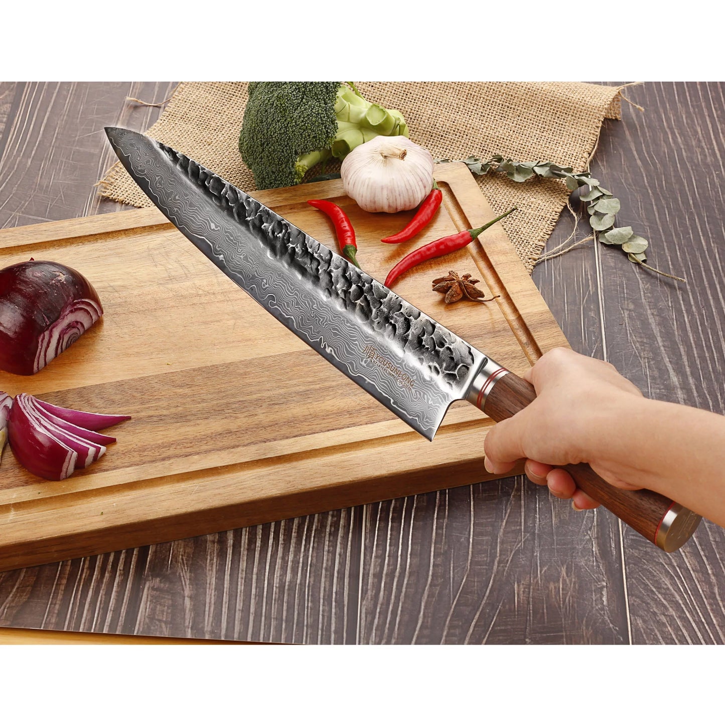 YOUSUNLONG Chef Knife 12 inch - Pro Gyuto Japanese Hammered Damascus Steel Natural Walnut Wooden Handle with Leather Sheath