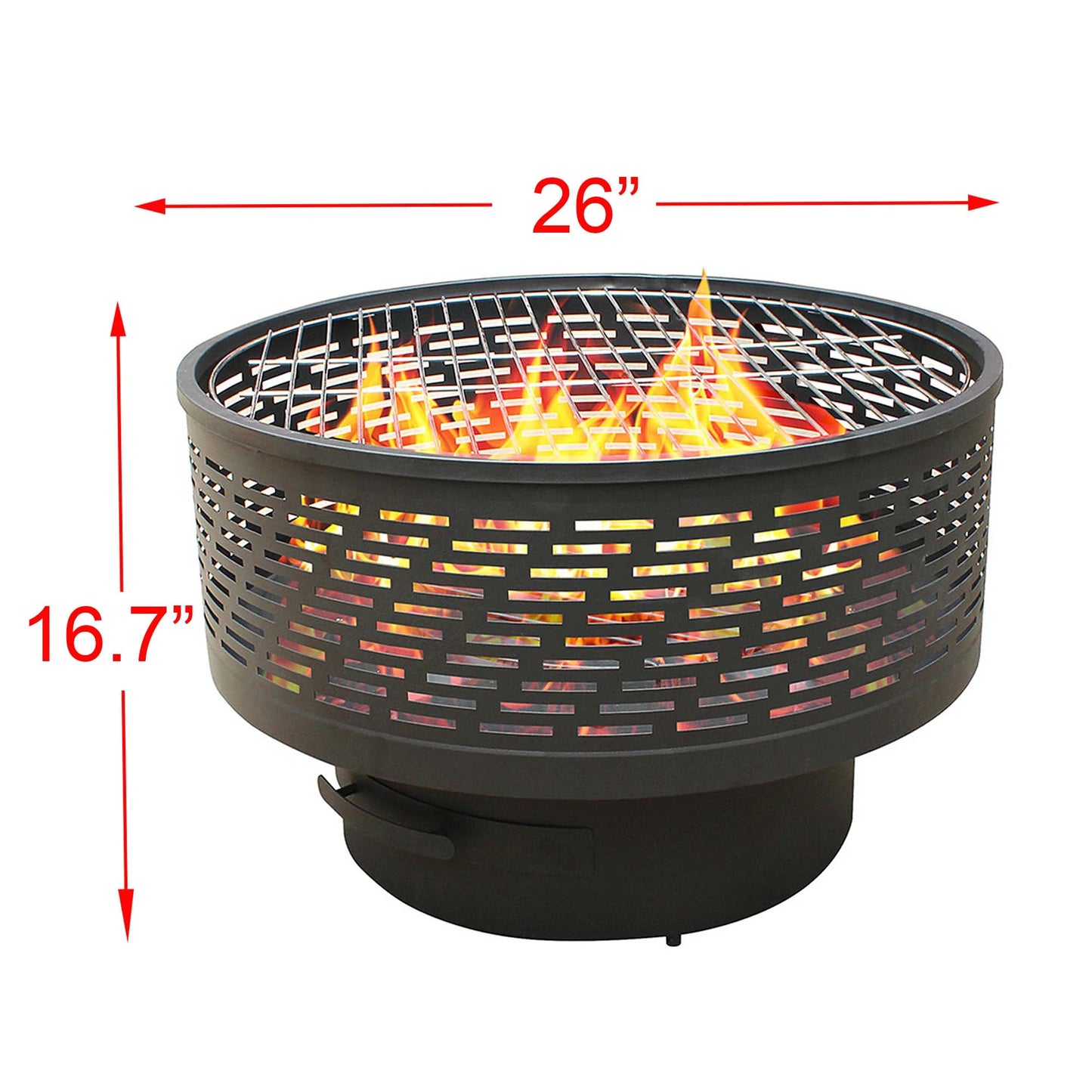 26 inch outdoor portable fire pit table with grill and lid, featuring barbecue, dining table, and campfire functions