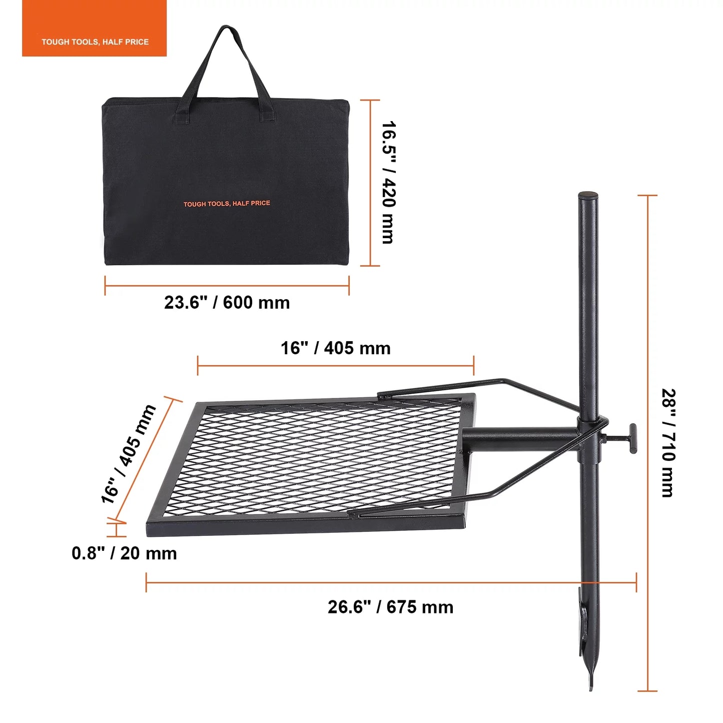 BENTISM Swivel Campfire Grill 16" x 16" Heavy Duty Steel Open Fire Cooking Grate Adjustable