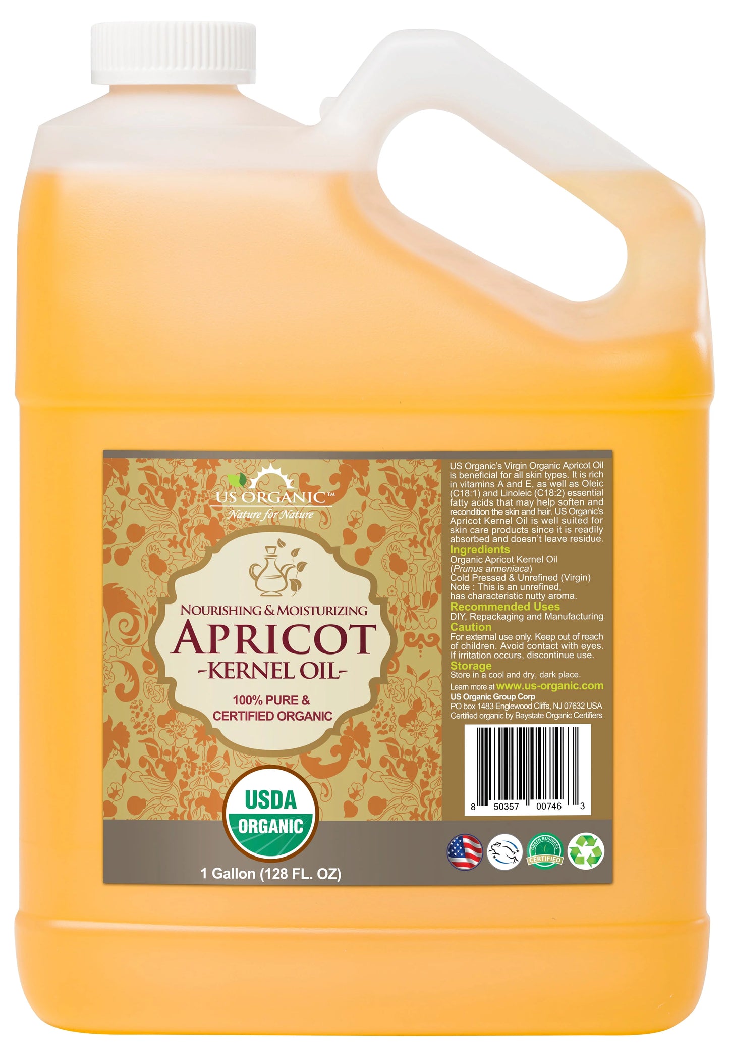 US Organic Apricot Kernel Oil, 100% Pure Certified USDA Organic, 128 oz (1 Gallon)