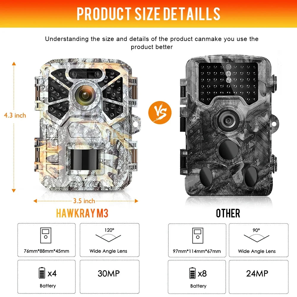 Trail Camera, 30MP 2k Game Camera with Infrared Night Vision Wildlife Surveillance, Farm Monitoring, Waterproof Hunting Trail Monitor with 120° Wide Angle Lens