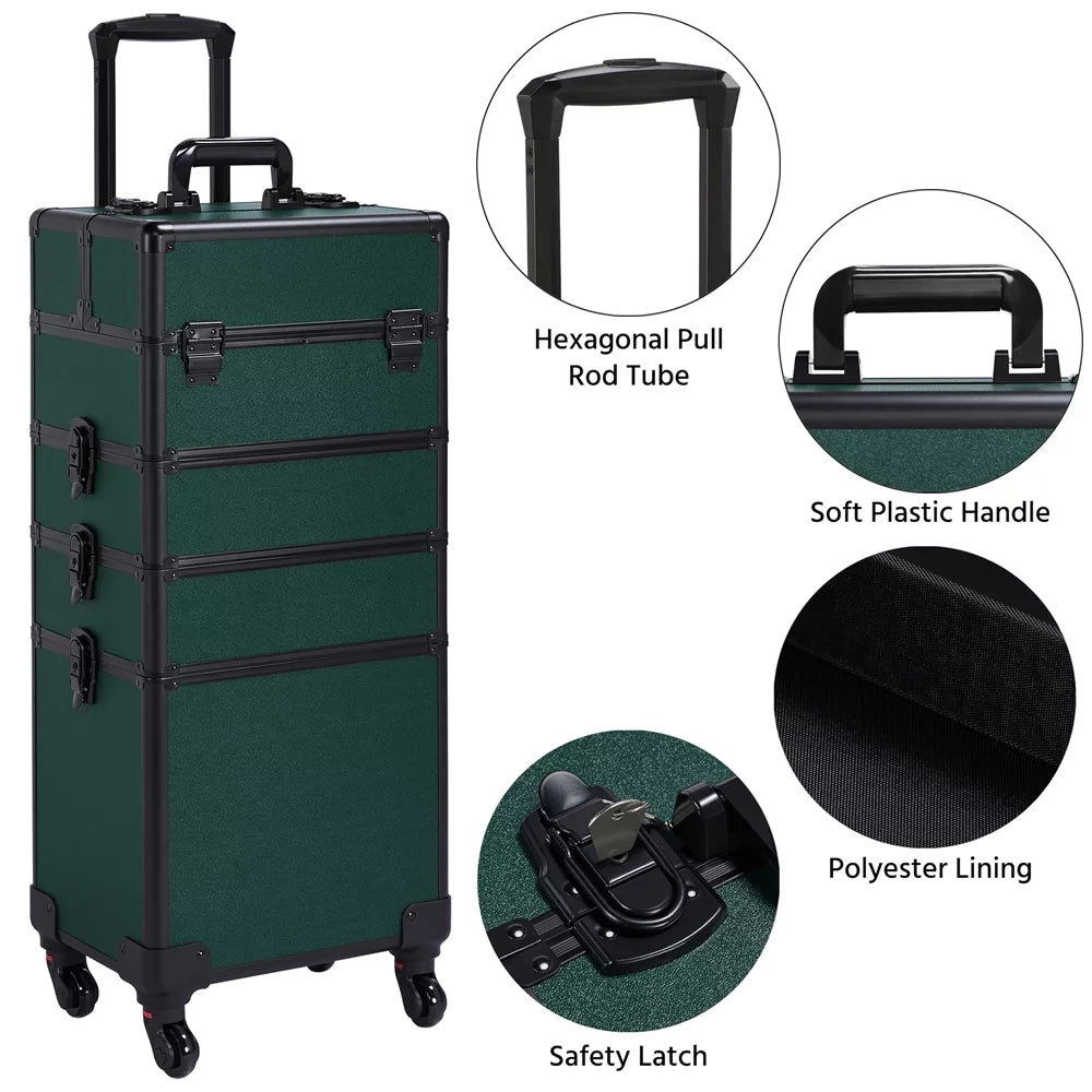 Alden Design Professional 4-in-1 Aluminum Travel Cosmetic Makeup Case, Dark Green