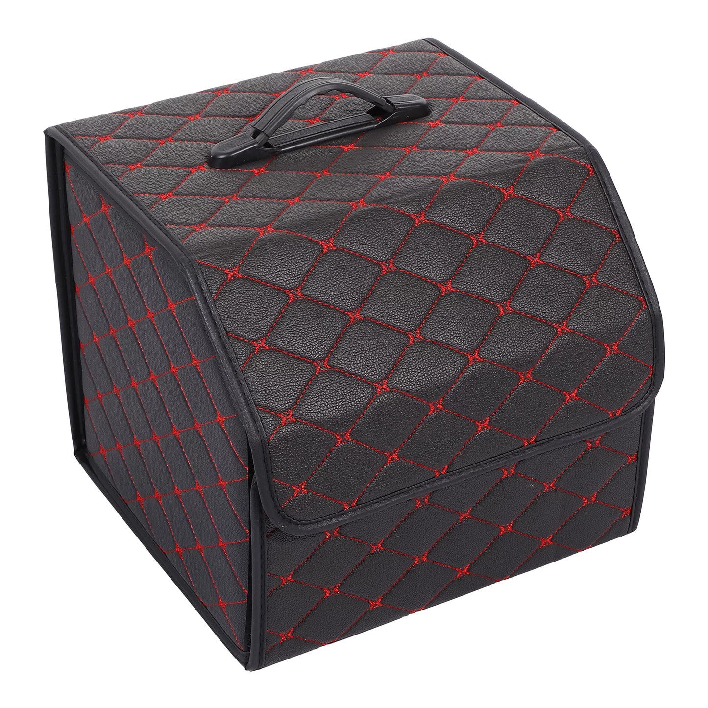 33x31x29cm Black PU Leather Car Storage Bag Trunk Organiser Foldable Boot Bag with Handle for Truck SUV Red Stitches