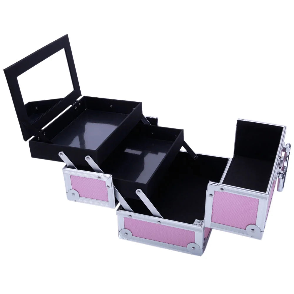 Zimtown Portable Aluminum Makeup Storage Case Train Case Bag with Mirror Lock Silver Jewelry Box Pink