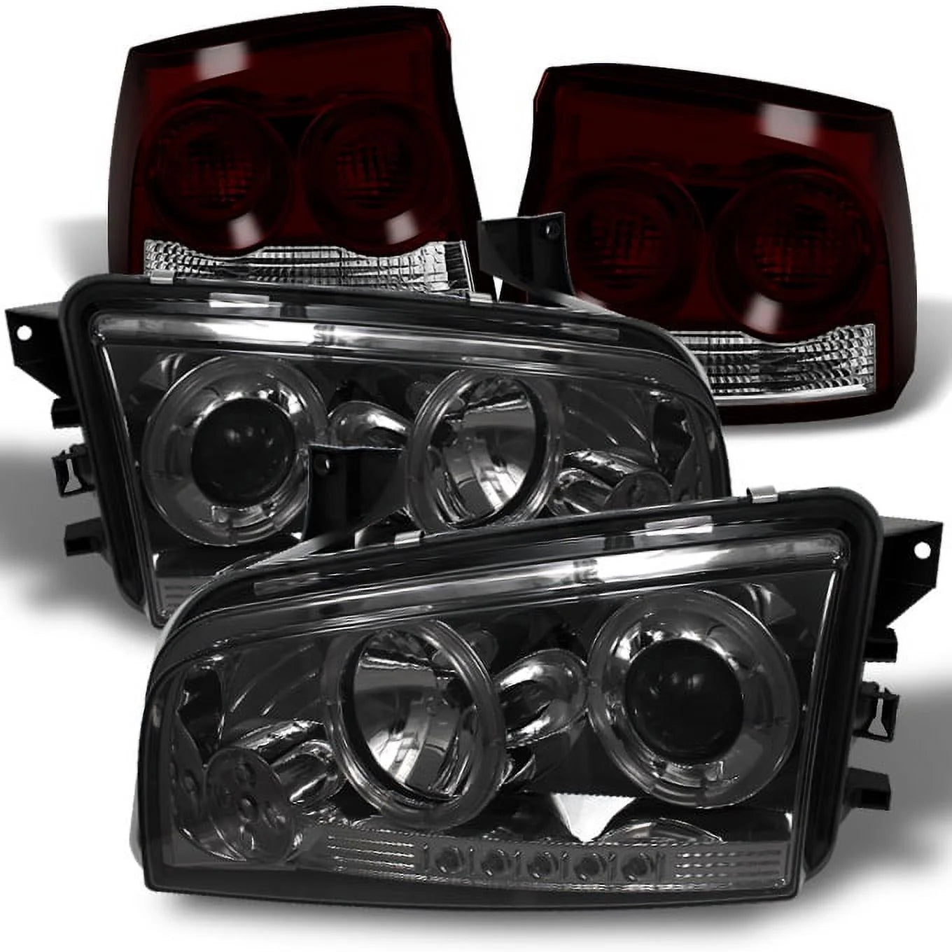 AKKON - For 2009-2010 Dodge Charger Smoked Halo Angel Eye LED Projector Headlights + Dark Red Smoked Tail Lights Lamp