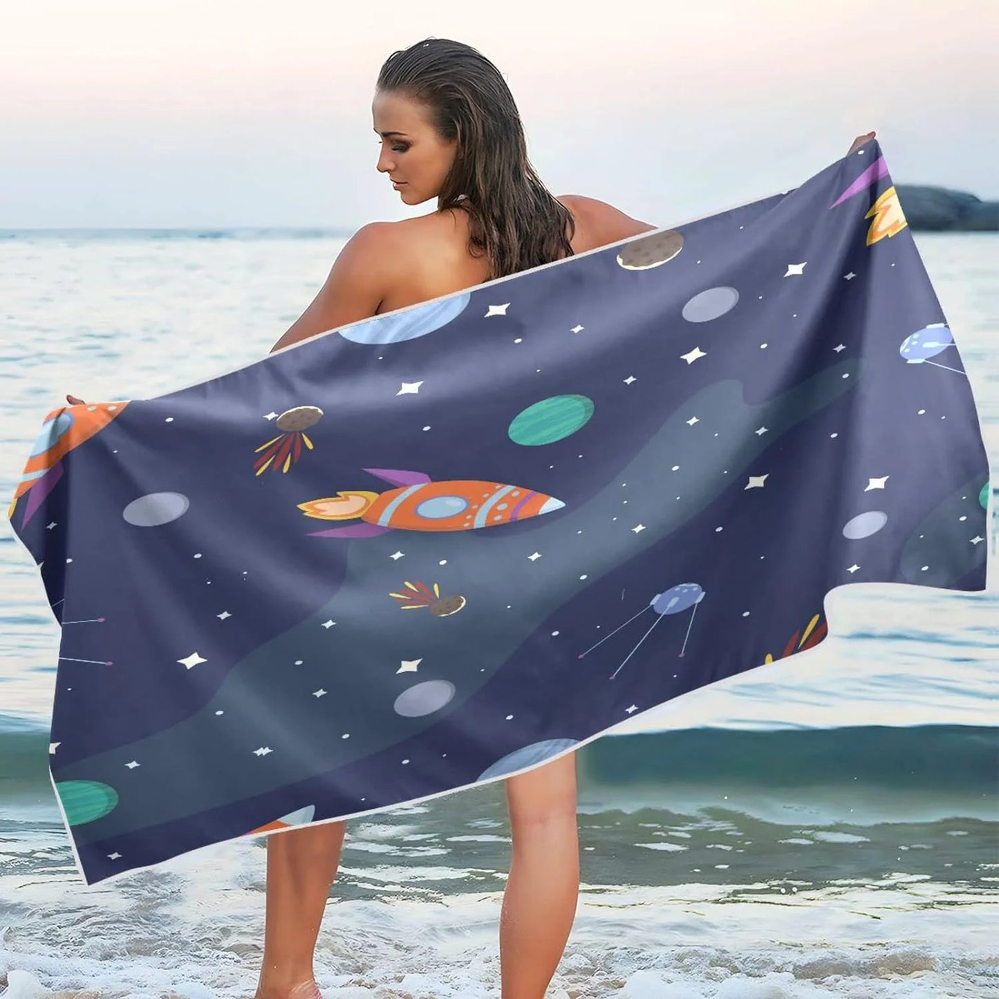 Bestwell Cartoon Rocket Beach Towel - Lightweight Compact Oversized Travel Towels - Super Absorbent Quick Dry Towel for Swimming Camping Holiday（312）