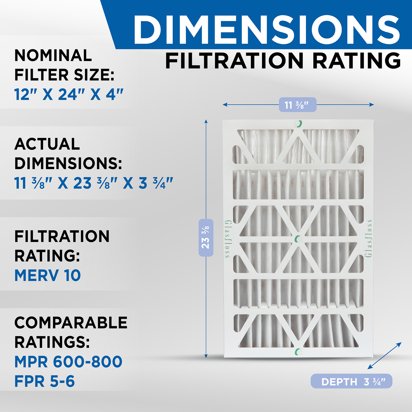 12x24x4 MERV 10 Pleated HVAC Air Filters by Glasfloss. ( Quantity 5 ) Exact Size: 11-3/8 x 23-3/8 x 3-3/4