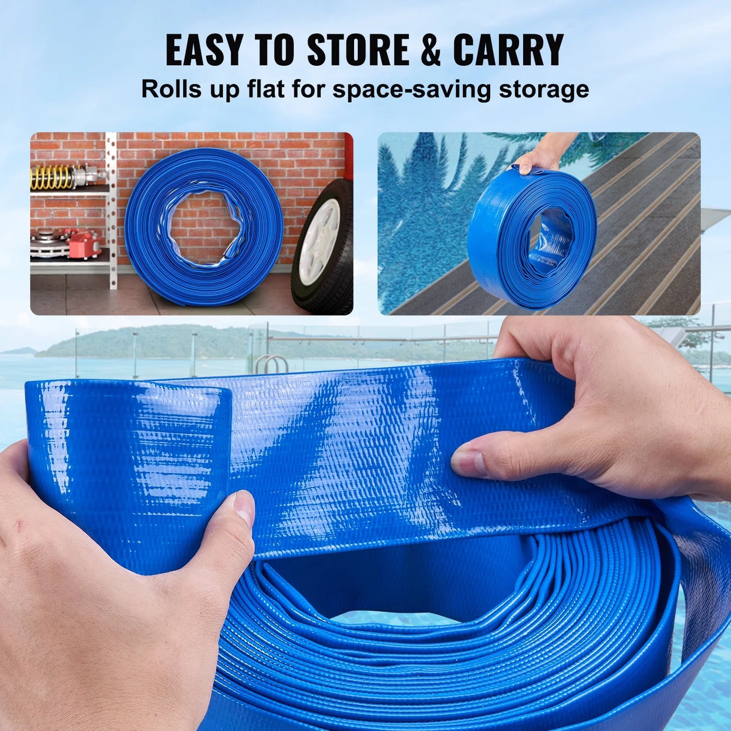 BENTISM Swimming Pool Filter Backwash Hose with Clamps 2'' x 50' Premium PVC Lay Flat Discharge Hose Blue Weather and Chemical Resistant