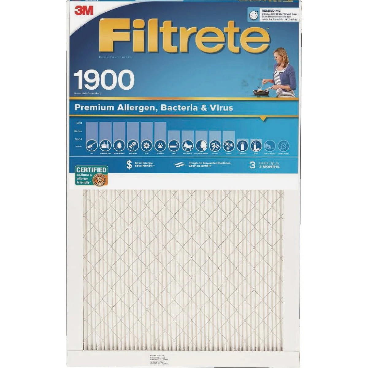 1 PK, Filtrete 16 In. x 25 In. x 1 In. Premium Allergen, Bacteria & Virus 1900 MPR Furnace Filter