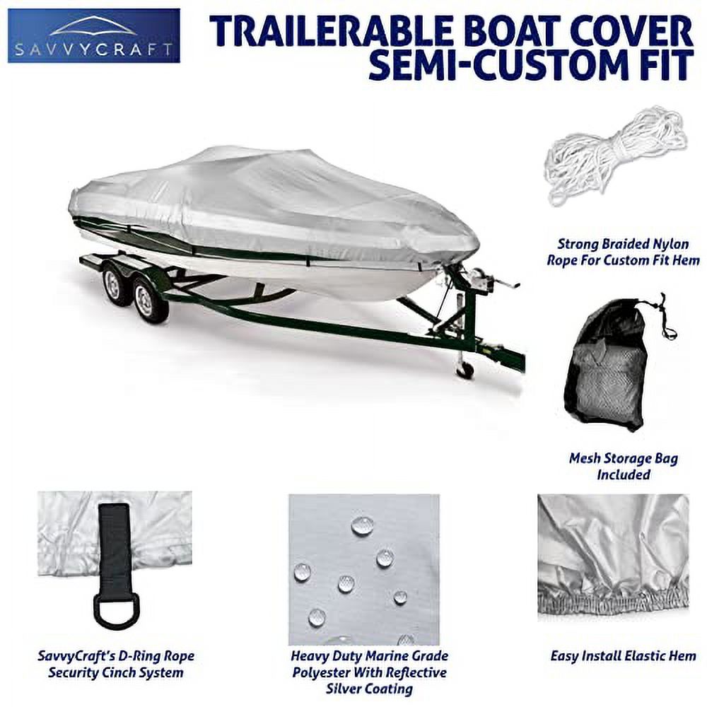 Savvycraft Boat Cover 12'-14', Heavy Duty Waterproof Marine Grade Polyester fits V-Hull Runabouts, Pro-Style Bass Boats, Fish & Ski Boats 12ft-14ft Long, Beam up to 68"