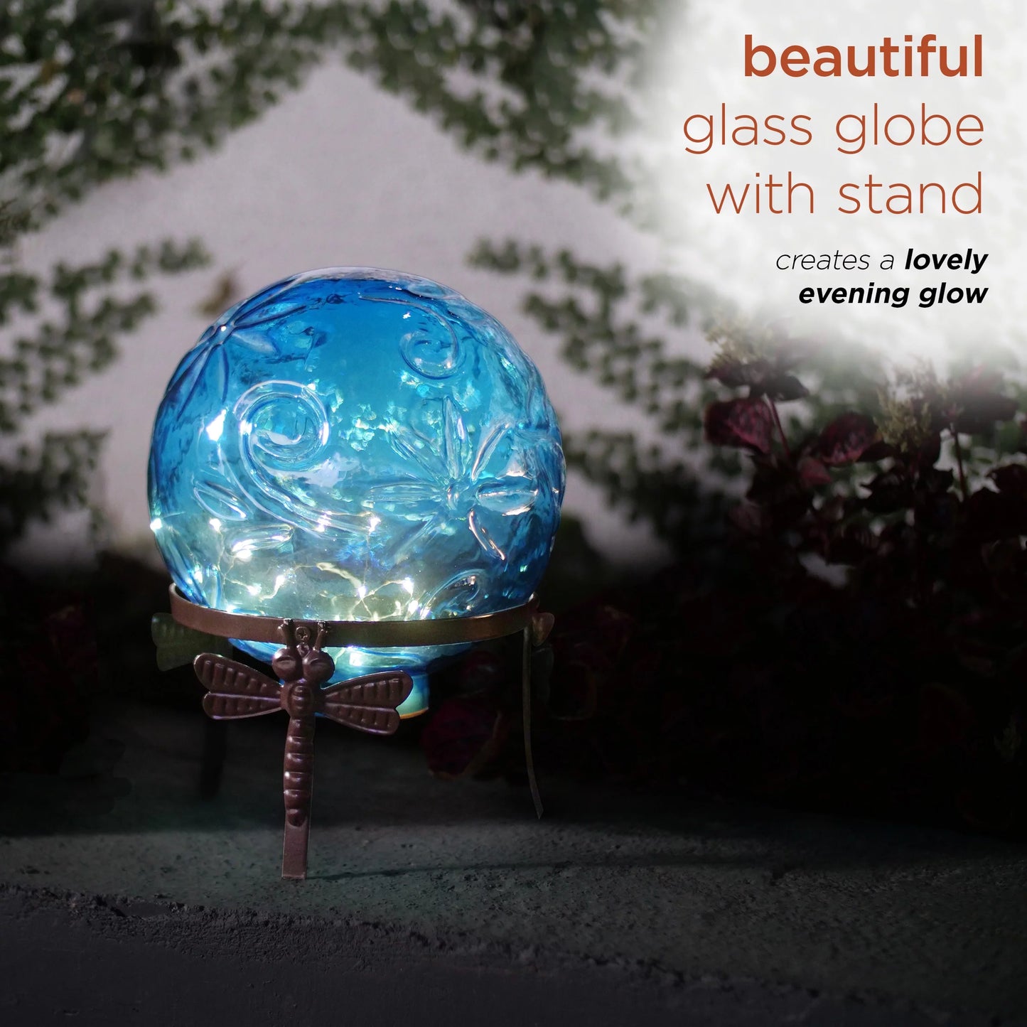 Alpine Corporation 10" W x 10" L x 13" H Embossed Glass Light-up Gazing Globe, Blue