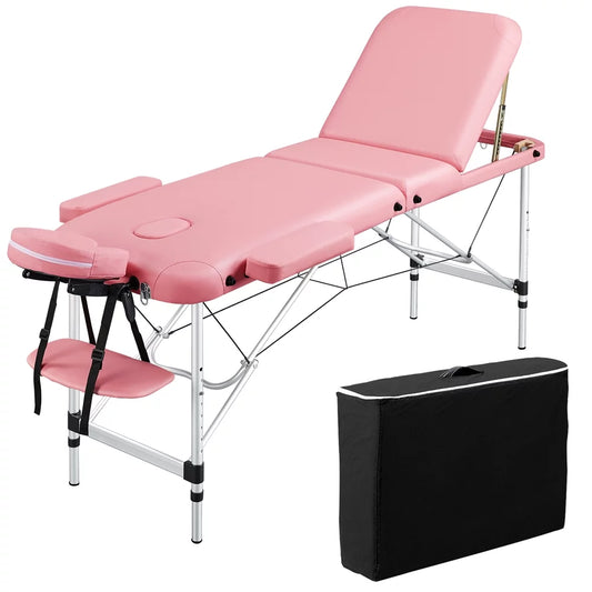 Yaheetech 84'' Adjustable Massage Bed, Massage Equipment, 3-Fold Massage Couch, Portable Salon Bed Alloy Spa Table with Backrest/Headrest/Armrest/Hand Pallet, Pink