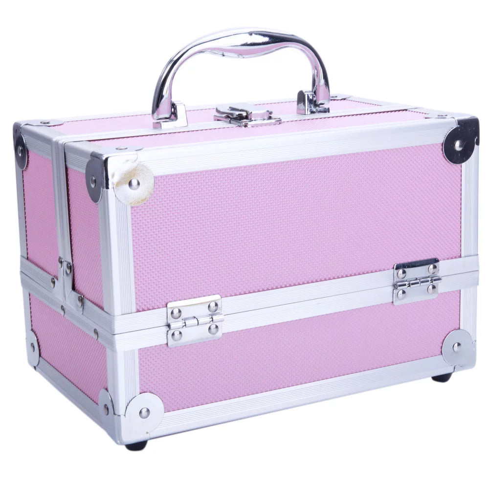 Zimtown Portable Aluminum Makeup Storage Case Train Case Bag with Mirror Lock Silver Jewelry Box Pink