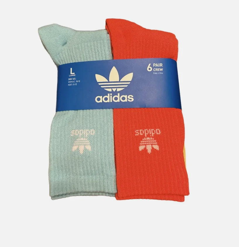 Adidas Originals Youth Trefoil Crew Socks, Multi-colored, 6 Pack, Large