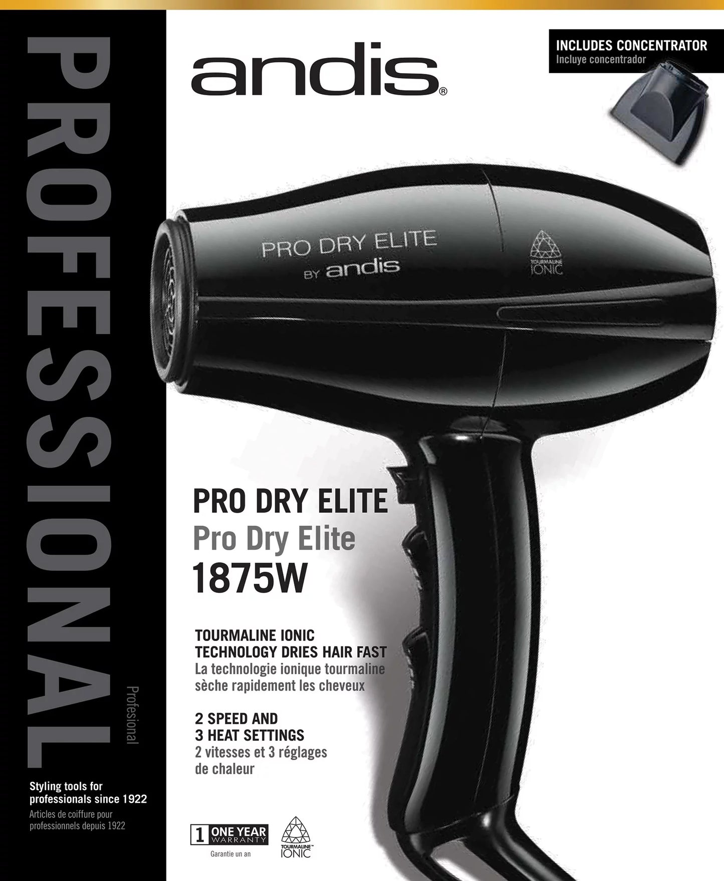 Andis ProDry Elite Hair Dryer 1875W, Tourmaline/Ionic/Ceramic, Black