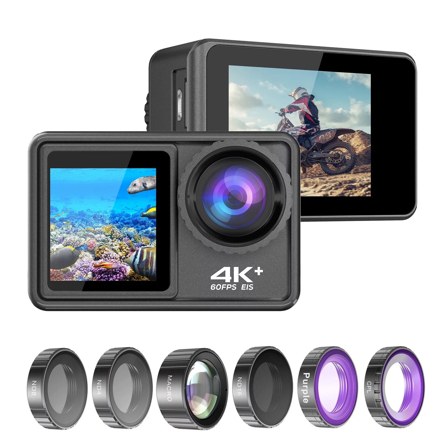 4K 24MP Dual Screen Sport Camera DV Camcorder 2.0 Inch Screen 170° Wide Angle EIS 40m Waterproof WiFi with Macro CPL ND4 8 16 Purple Lens for Outdoor Sports