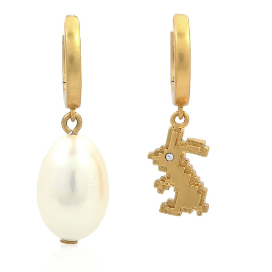 Tory Burch Pave Rabbit And Cultured Freshwater Pearl Mismatch Charm Hoop Earrings