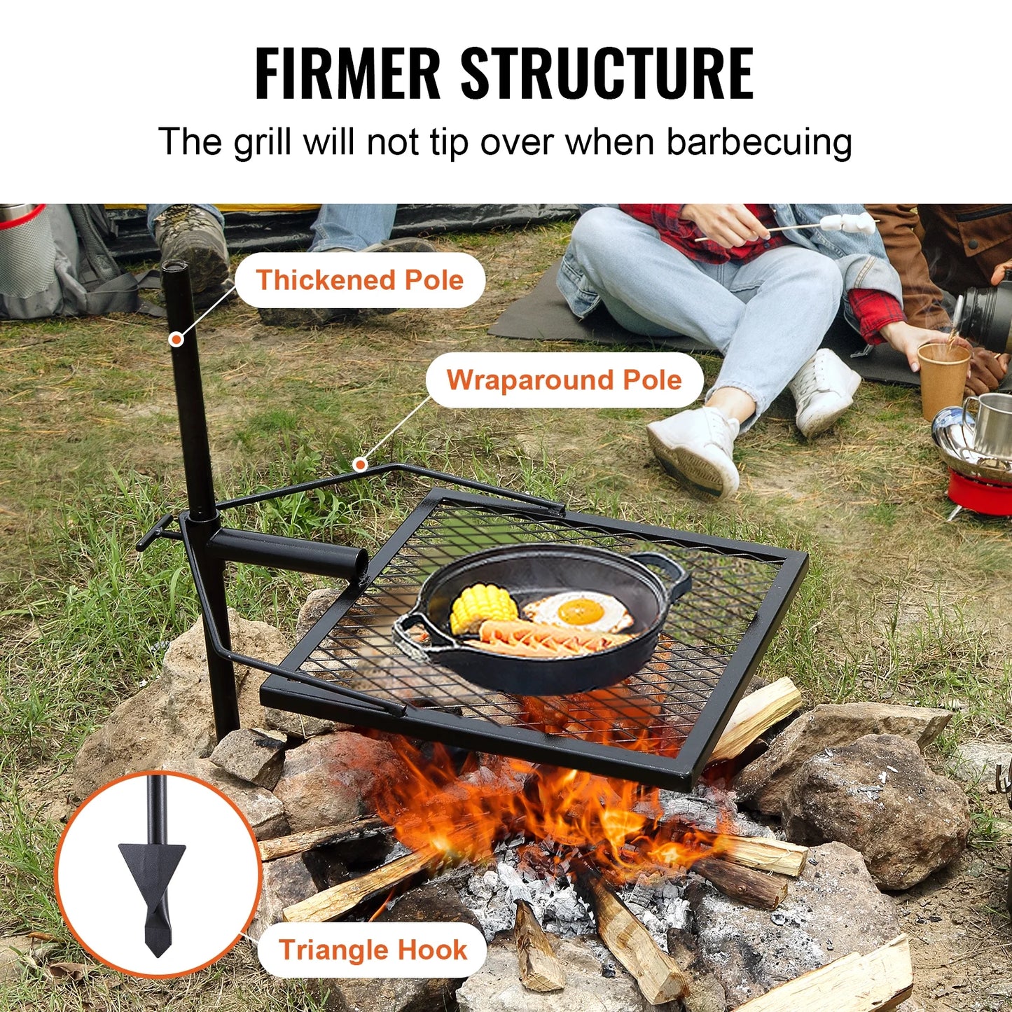 BENTISM Swivel Campfire Grill 16" x 16" Heavy Duty Steel Open Fire Cooking Grate Adjustable