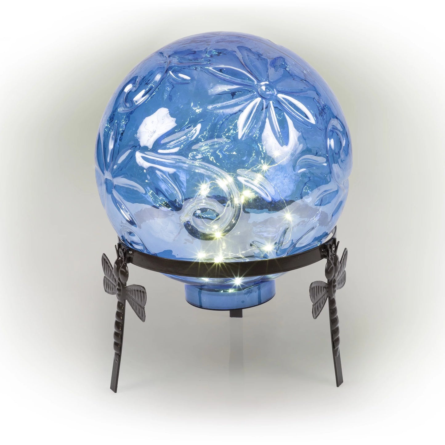 Alpine Corporation 10" W x 10" L x 13" H Embossed Glass Light-up Gazing Globe, Blue