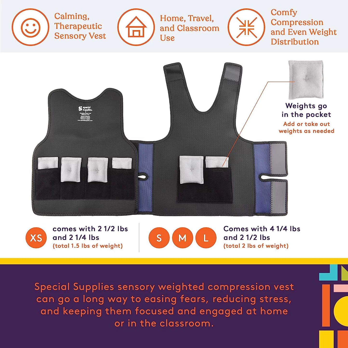 Special Supplies Weighted Sensory Compression Vest for Kids with Processing Disorders, ADHD, and Autism, Calming and Supportive with Adjustable Weight Fit (Large 24x42 inches)