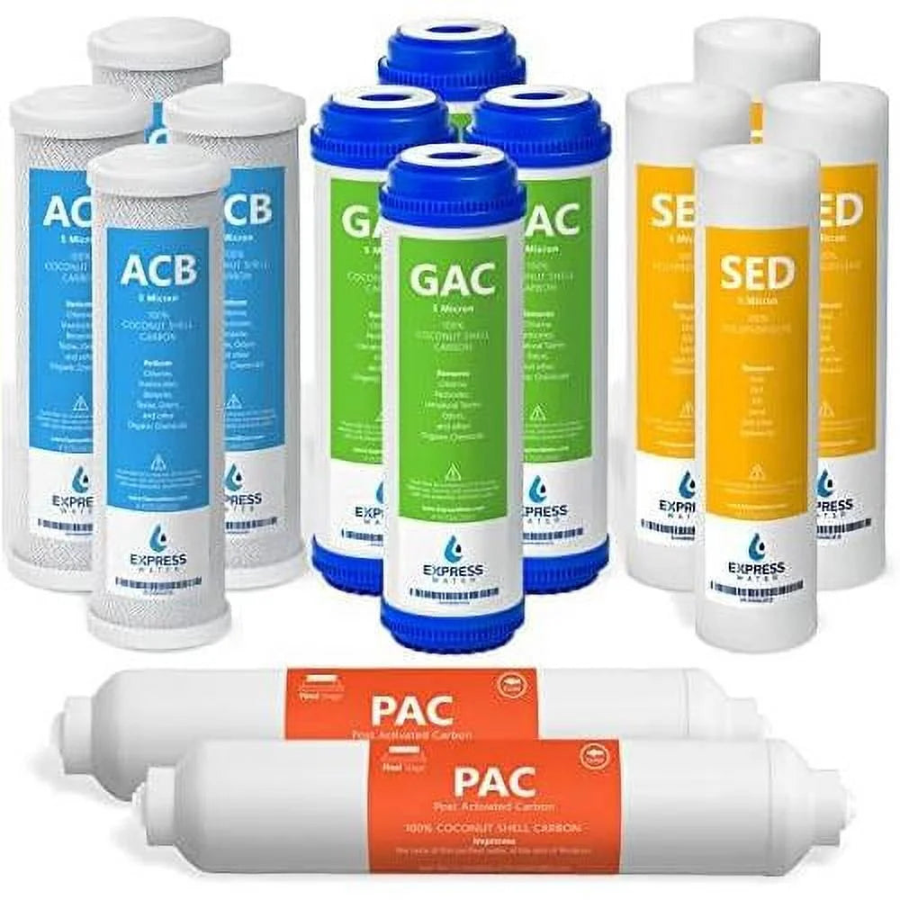 2 Year Reverse Osmosis System Replacement Filter Set 14 Filters, Carbon GAC, ACB, PAC Filters, Sediment SED Filters 10 Inch Size Water Filters