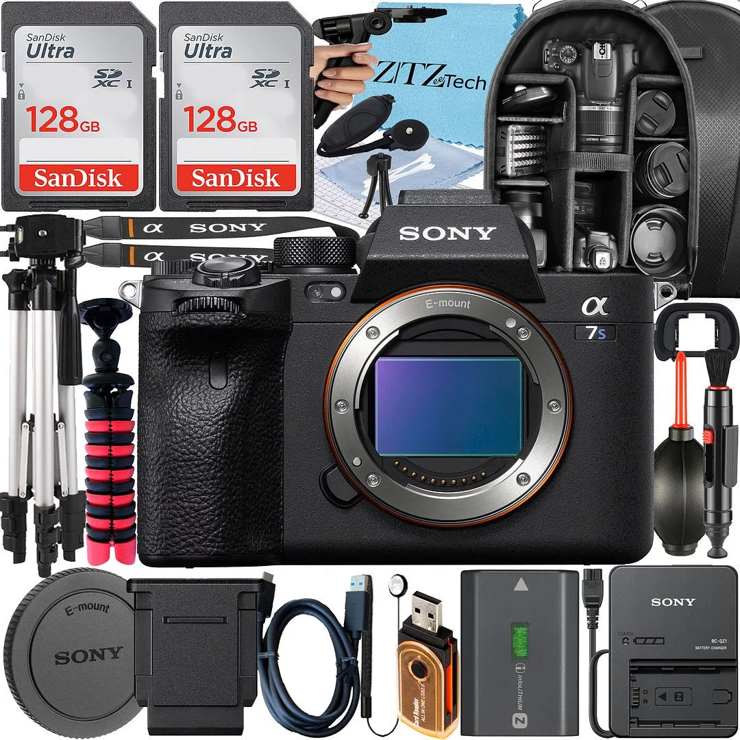 Sony a7S III Mirrorless Camera + Tripod + 2 Pack 128GB Memory Card + Backpack + ZeeTech Accessory Bundle