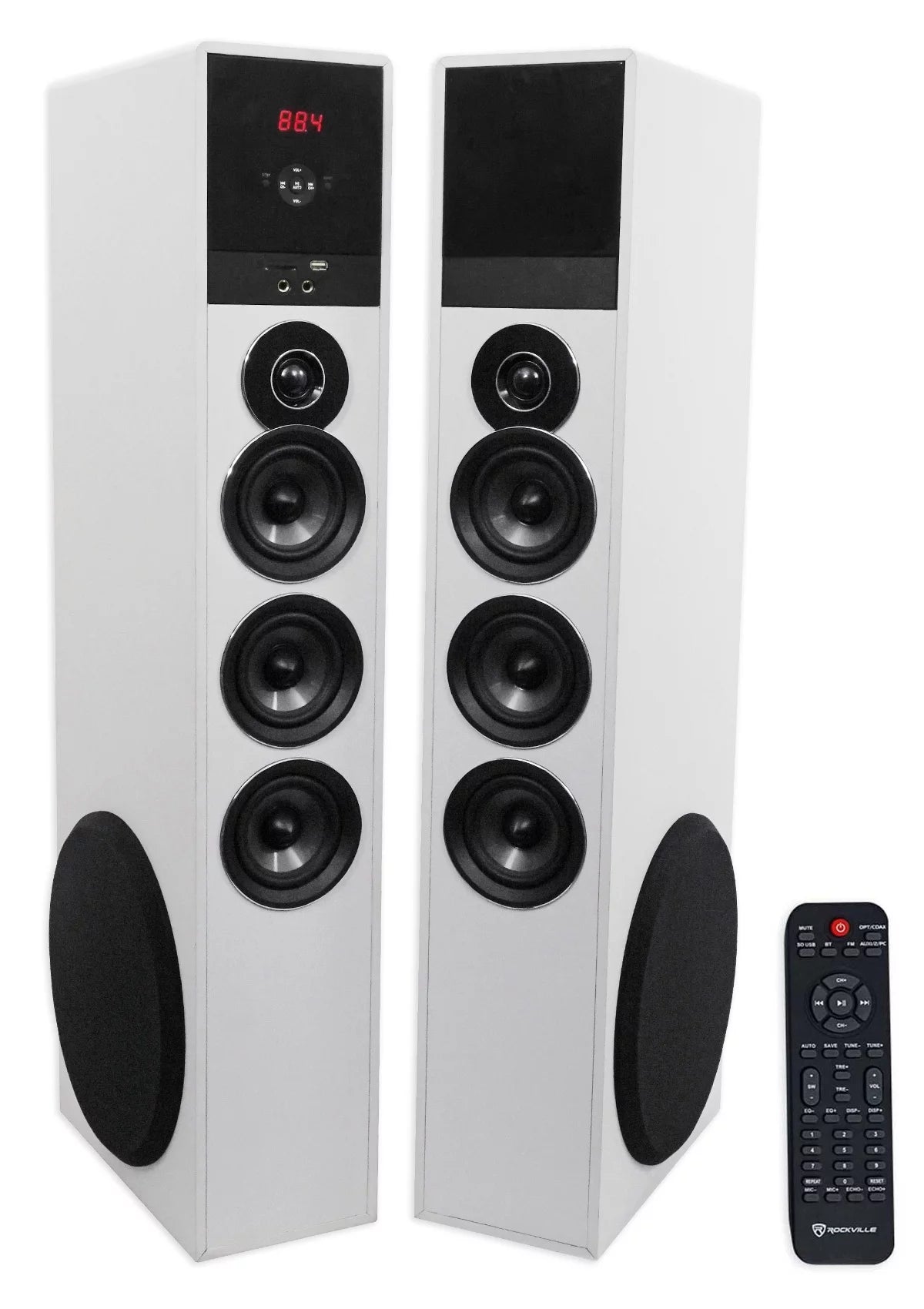 Rockville TM150W White Powered Home Theater Tower Speakers 10" Sub/Bluetooth/USB