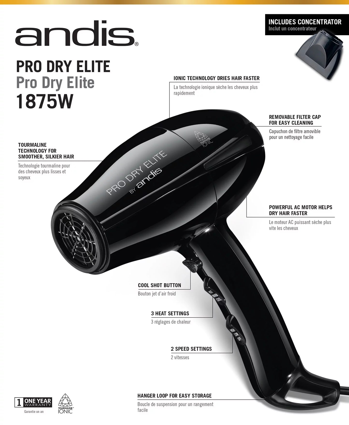 Andis ProDry Elite Hair Dryer 1875W, Tourmaline/Ionic/Ceramic, Black