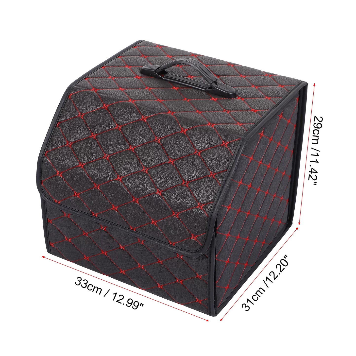 33x31x29cm Black PU Leather Car Storage Bag Trunk Organiser Foldable Boot Bag with Handle for Truck SUV Red Stitches