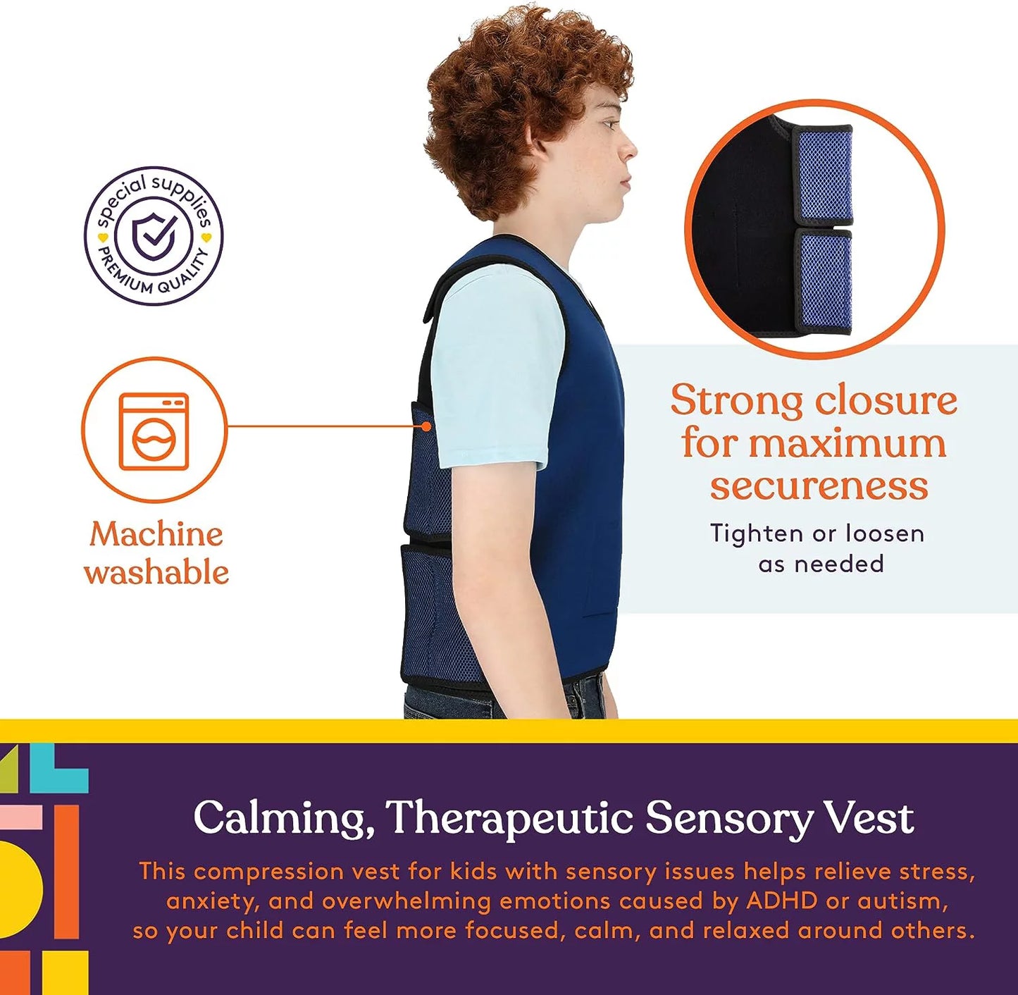 Special Supplies Weighted Sensory Compression Vest for Kids with Processing Disorders, ADHD, and Autism, Calming and Supportive with Adjustable Weight Fit (Large 24x42 inches)