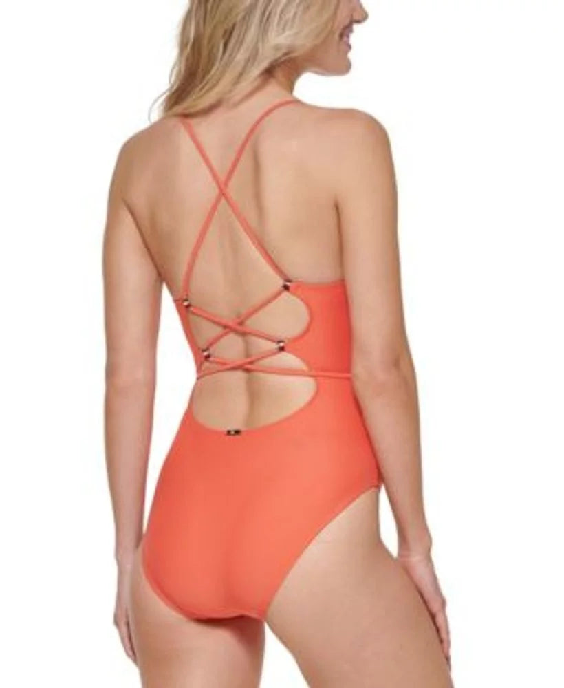 Tommy Hilfiger Women's Crisscross Back Tie-Belt One Piece Swimsuit Orange Size 16