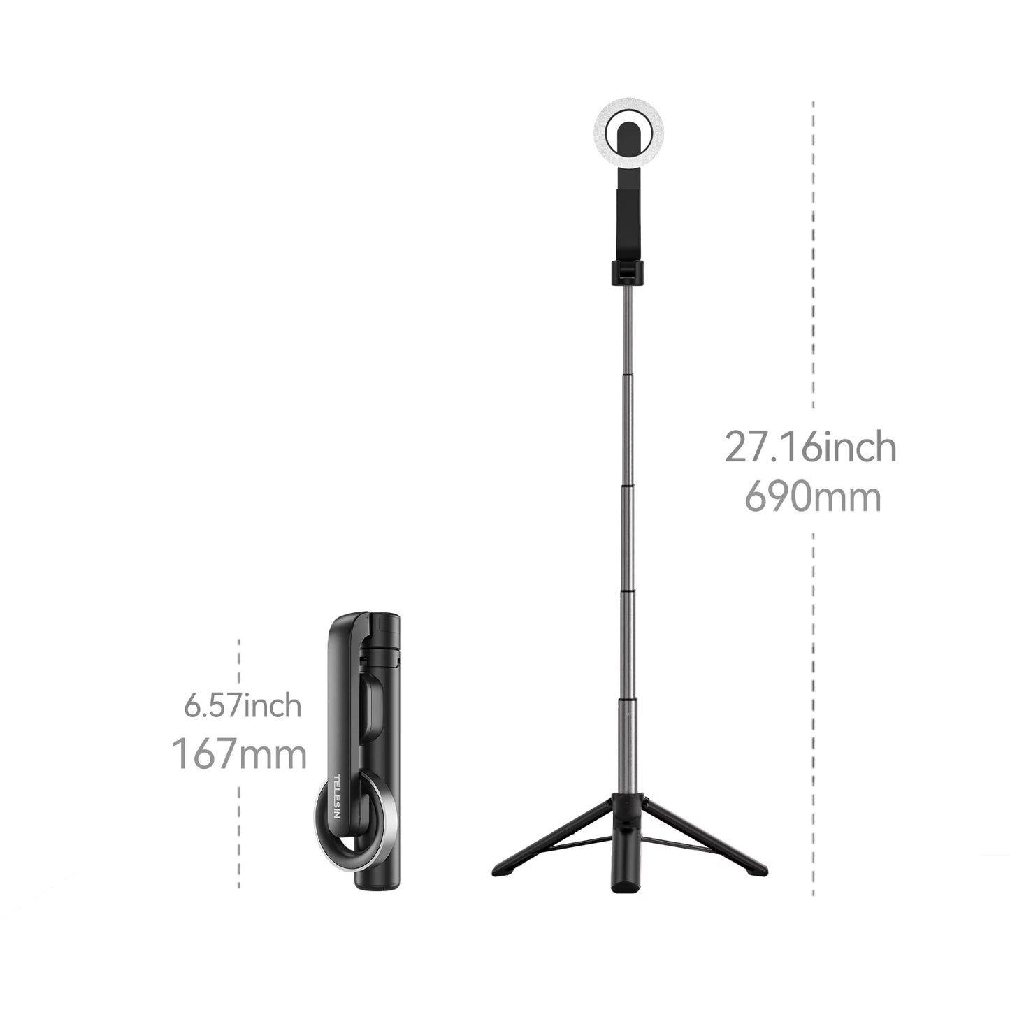 TELESIN Magnetic Selfie Stick with Remote Control for , 27.1 inch Tripod, Rotation