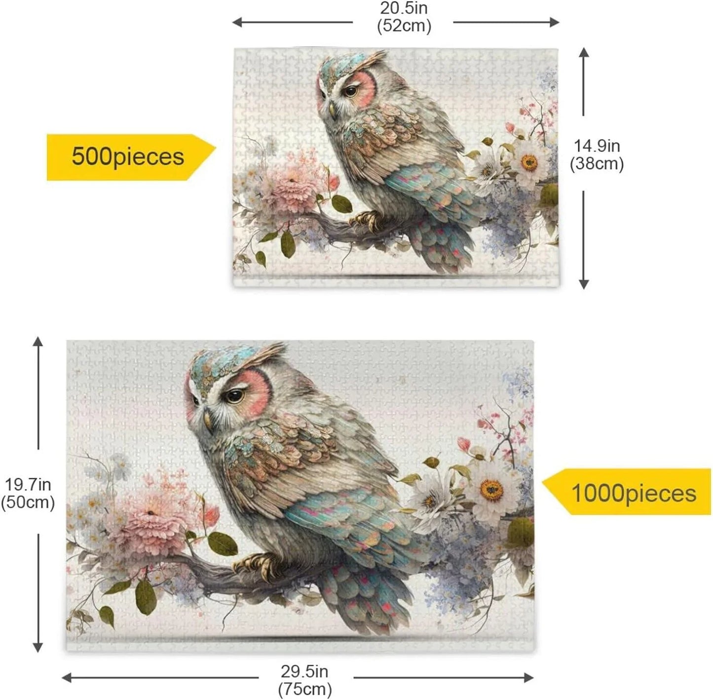 500 PCS Art Floral Owl Jigsaw Puzzle, Paper Wood Composite Material Zigsaw with Storage Bag, Puzzle for Adults, Fun Challenging Brain Exercise Family Game Gift for Kids Friends Parents