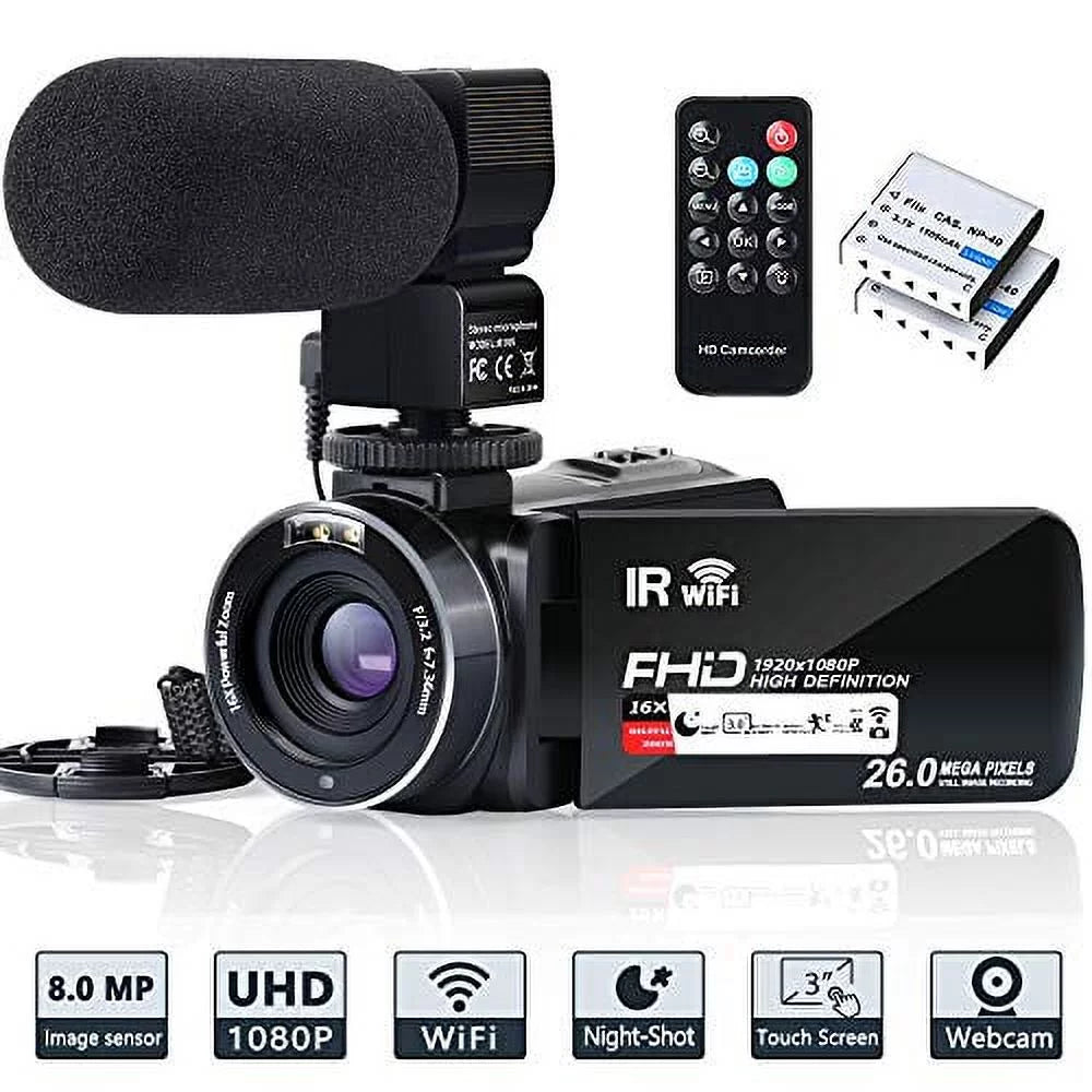 Video Camera Camcorder WiFi IR Night Vision FHD 1080P 30FPS YouTube Vlogging Camera Recorder 26MP 3.0'' Touch Screen 16X Digital Zoom Camcorder with Microphone,Remote and 2 Batteries