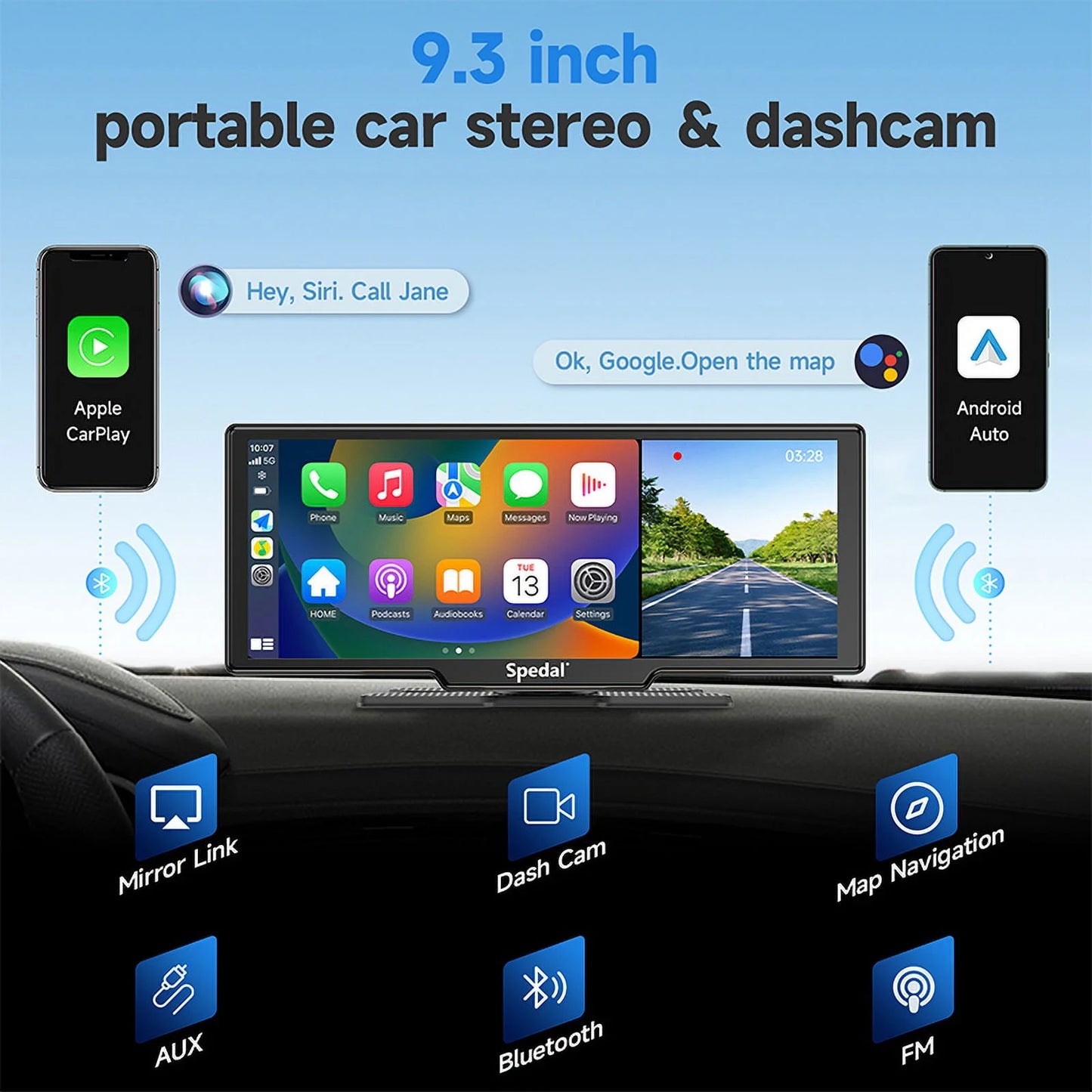 Spedal CL860 Portable CarPlay Screen with 4K Dash Cam Front and Rear- 9.3" Wireless Apple CarPlay ＆Android Auto Car Stereo Bluetooth GPS Navigation Head Unit Car Stereo Receivers 1080p Rear Camera