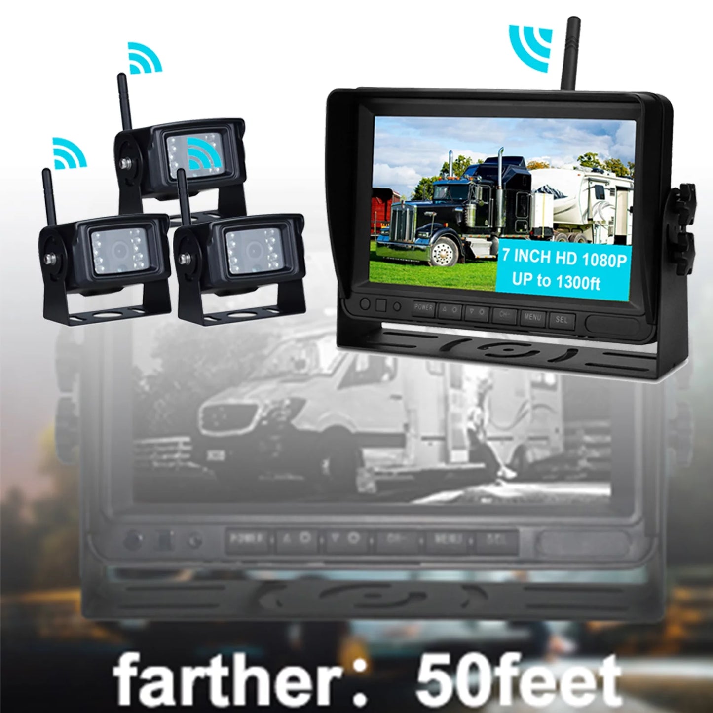 7" Display AHD 1080P Wireless 3CH Rear View Backup Camera Kit for Truck Trailer