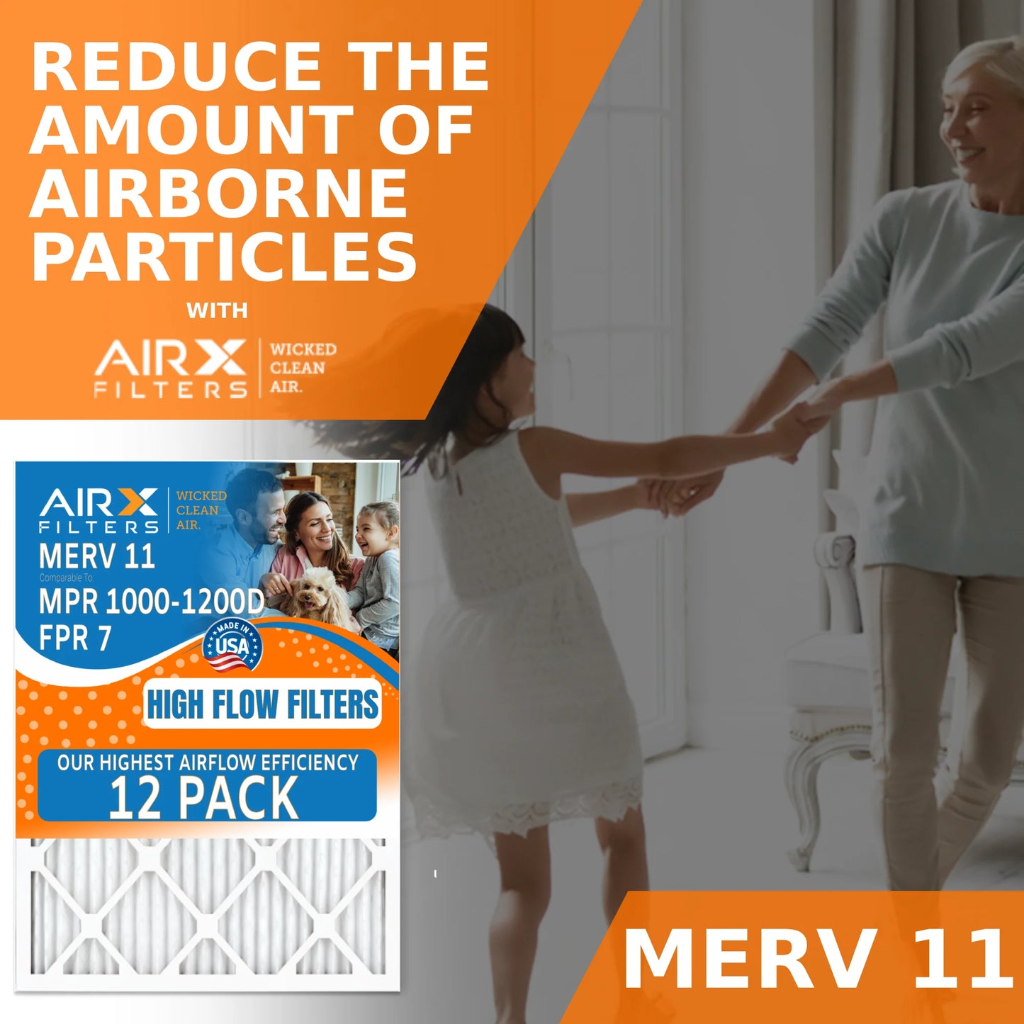 20x25x1 Air Filter MERV 11 Rating, 12 Pack of Furnace Filters Comparable to MPR 1000, MPR 1200, FPR 7, High Efficiency 12 Pack of Furnace Filters Made in USA by AIRX FILTERS WICKED CLEAN AIR.