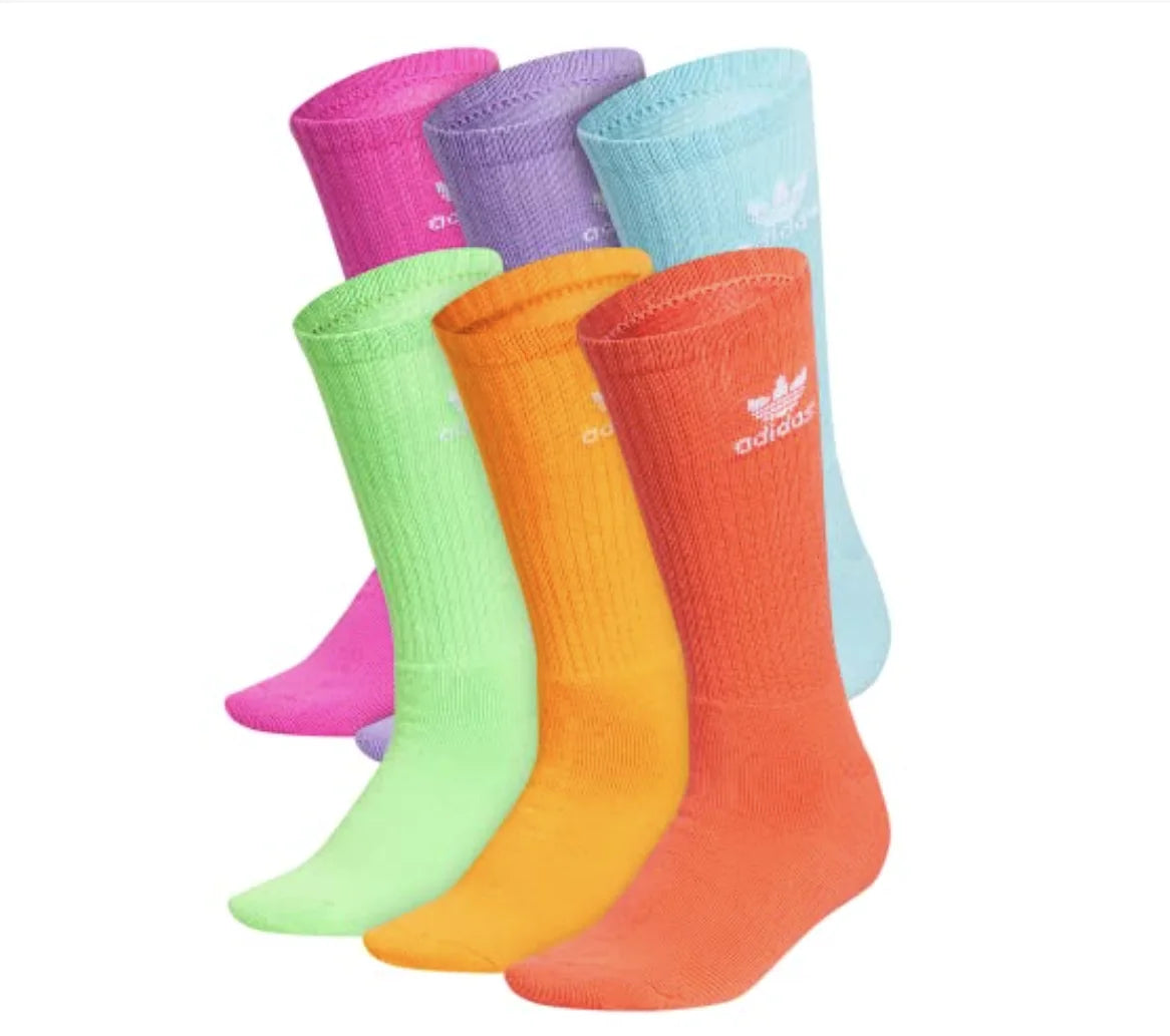 Adidas Originals Youth Trefoil Crew Socks, Multi-colored, 6 Pack, Large