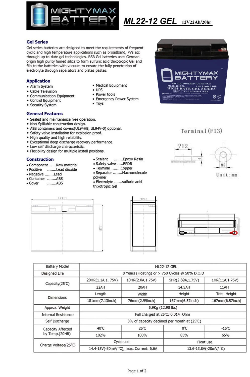 12V 22AH GEL Battery for Alante Jr Scooter Wheelchair GP 200