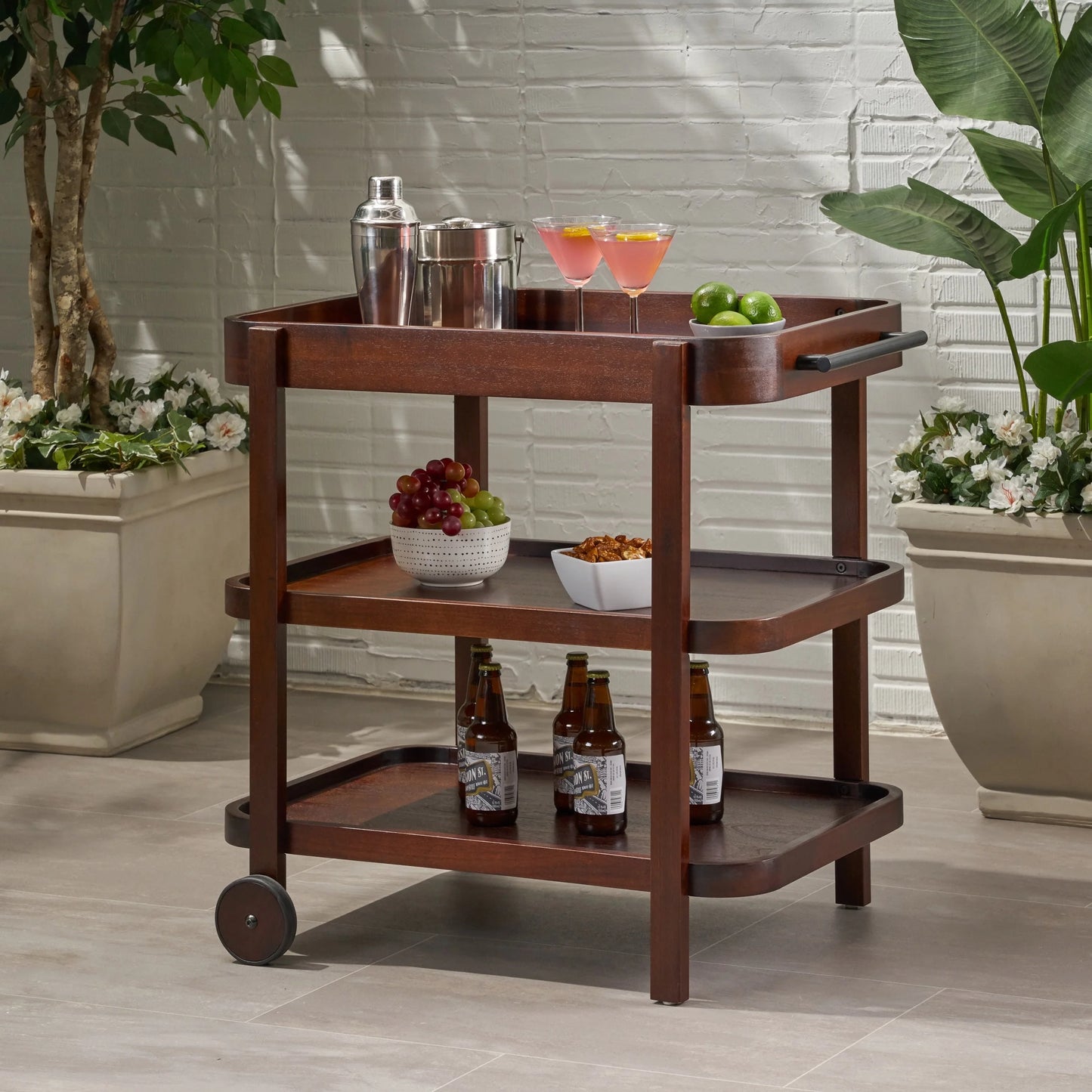 Sears Valley Outdoor Traditional Acacia Wood Bar Cart with 3 Shelves, Brown Mahogany