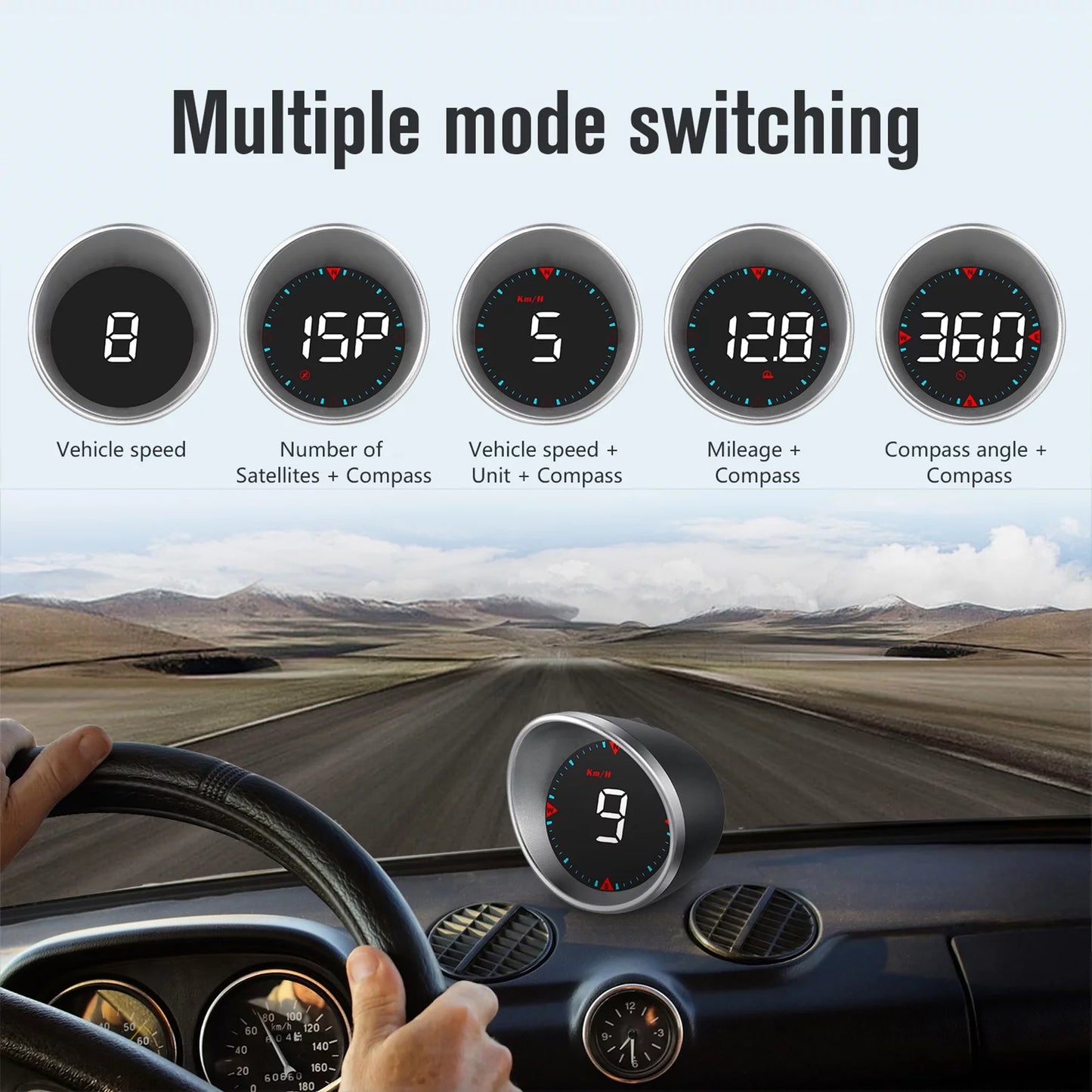 Arealer CarCar Head-up Display Digital Speedometer Display Driving Mileage, Compass Angle, Overspeed and Fatigue Driving