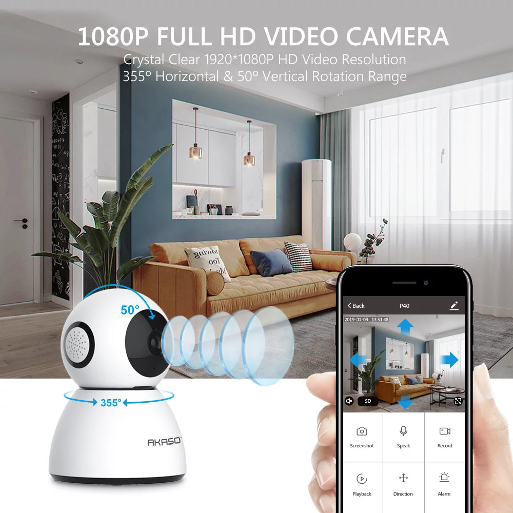 AKASO Security Camera WiFi IP Camera, 1080P FHD Smart Home Surveillance Camera, Baby/Pet Monitor Work with Alexa